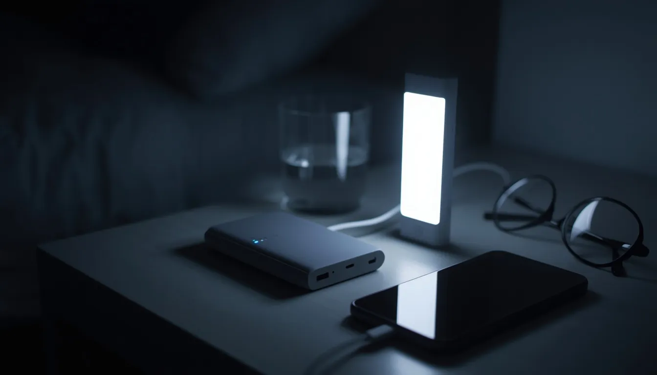 A power bank charging a smartphone on a bedside table at night during a power cut, lit by a small LED torch
