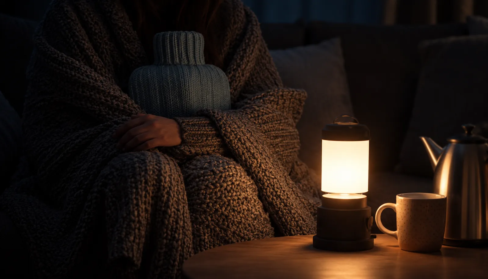 A person wrapped in a knitted blanket on a sofa in a dark living room during a power cut, holding a hot water bottle, lit by a battery lantern