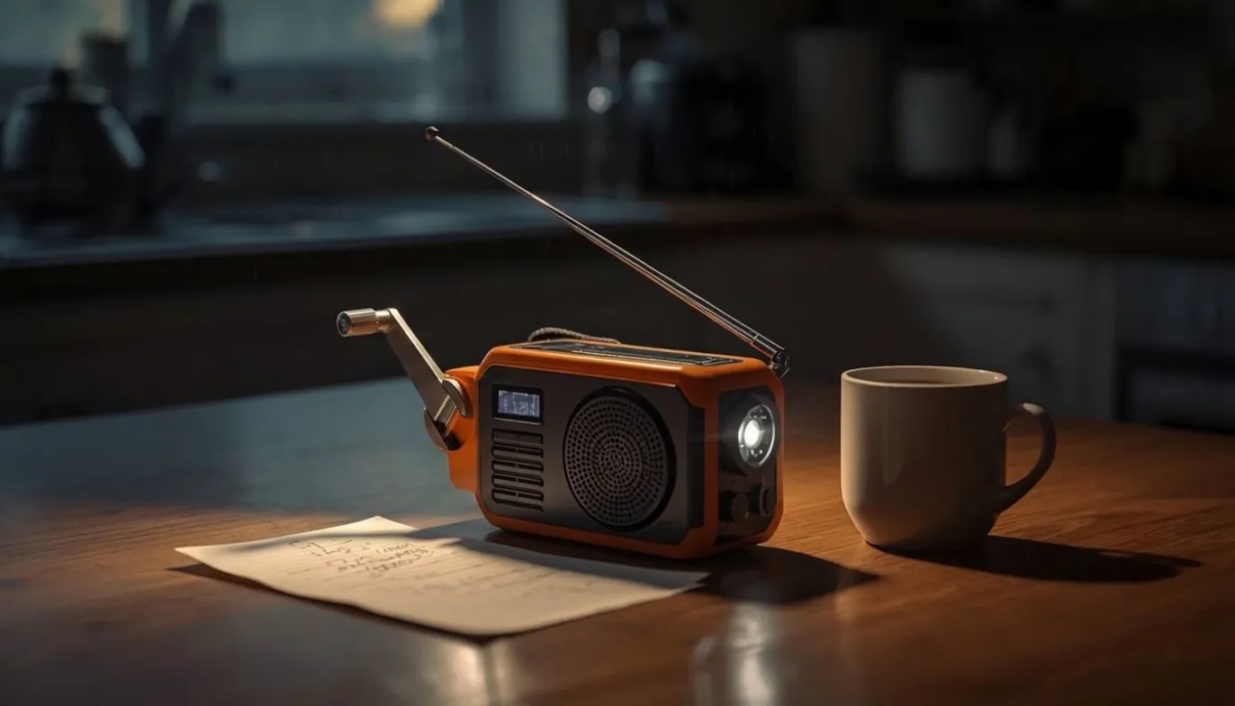 A wind-up emergency radio with a crank handle and built-in torch on a kitchen table during a power cut